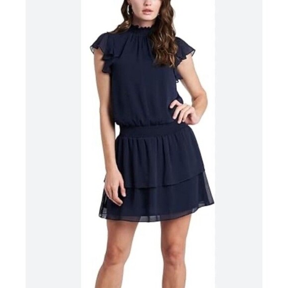 1 STATE Dress Women Large Navy Blouson Mini Ruffle Flutter Sleeve Smocked Fair - Picture 1 of 9